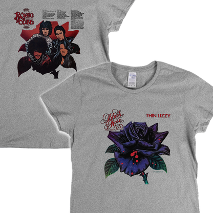 Thin Lizzy Black Rose Front And Back Womens T-Shirt