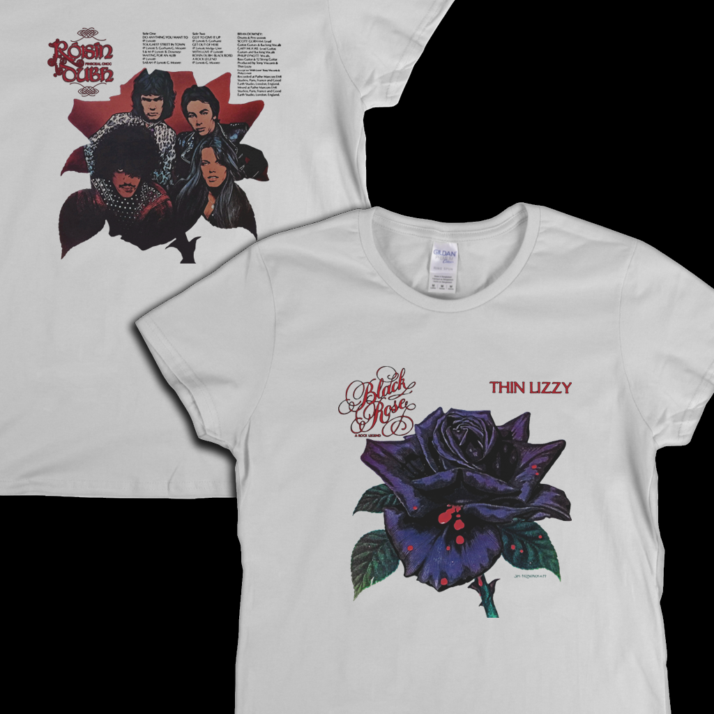 Thin Lizzy Black Rose Front And Back Womens T-Shirt