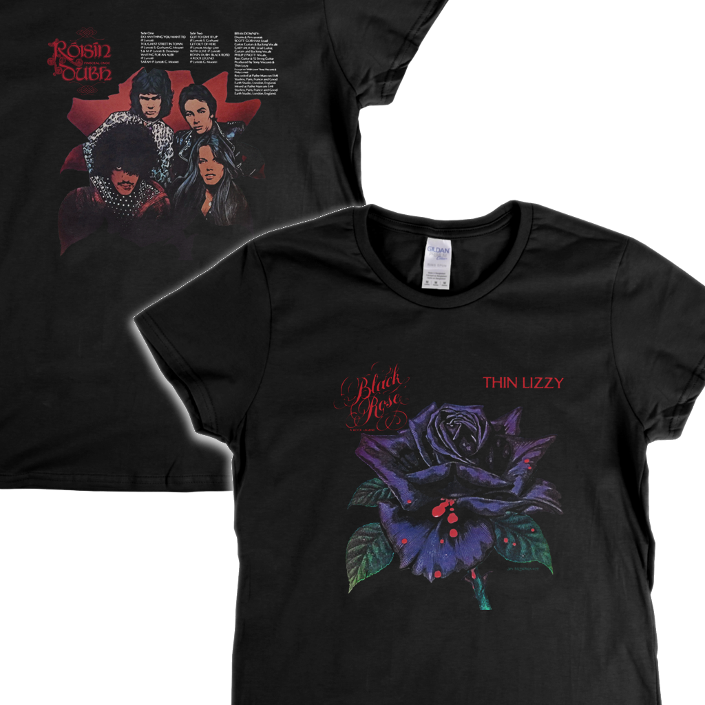 Thin Lizzy Black Rose Front And Back Womens T-Shirt